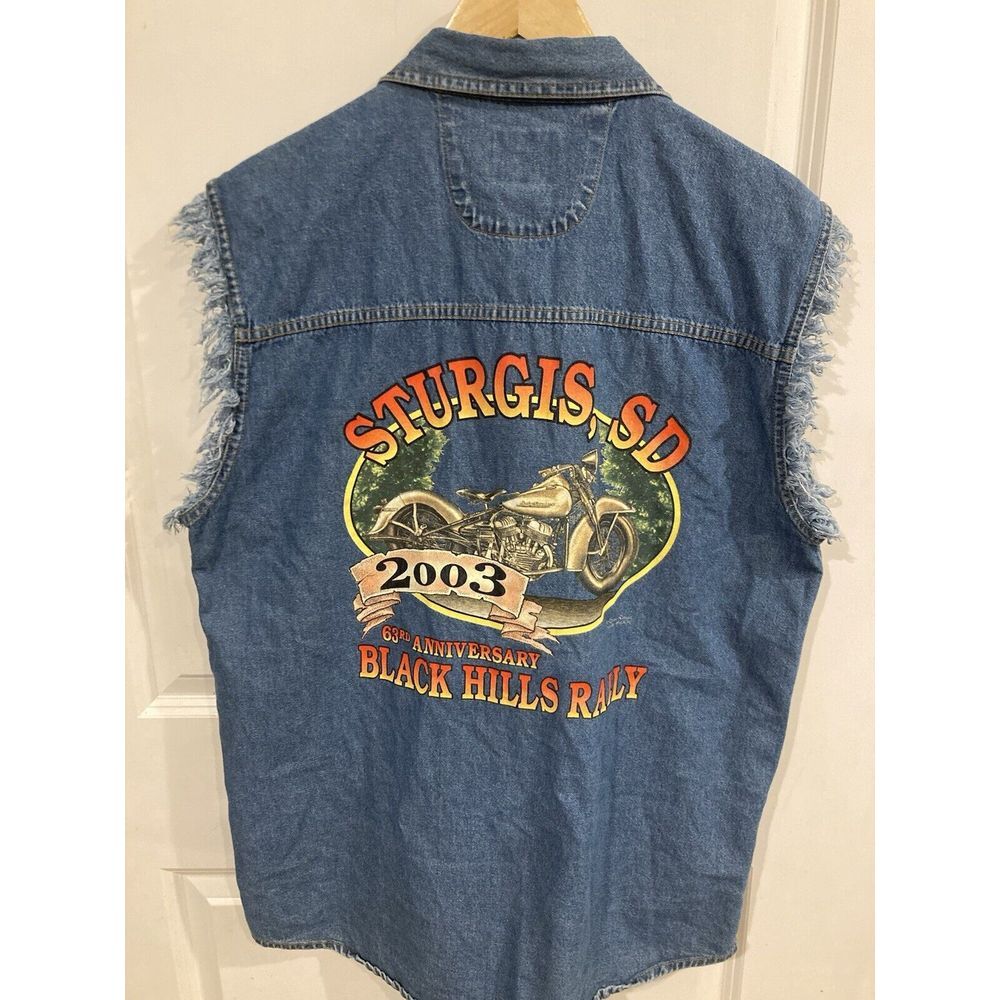 Men's Sturgis Motorcycle Rally Denim Cutoff Button Down Vest Size Large‎